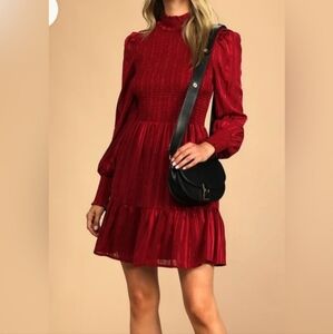 LULUS SIMPLY THE SWEETEST BERRY LONG SLEEVE SMOCKED MINI DRESS SIZE SMALL NWT